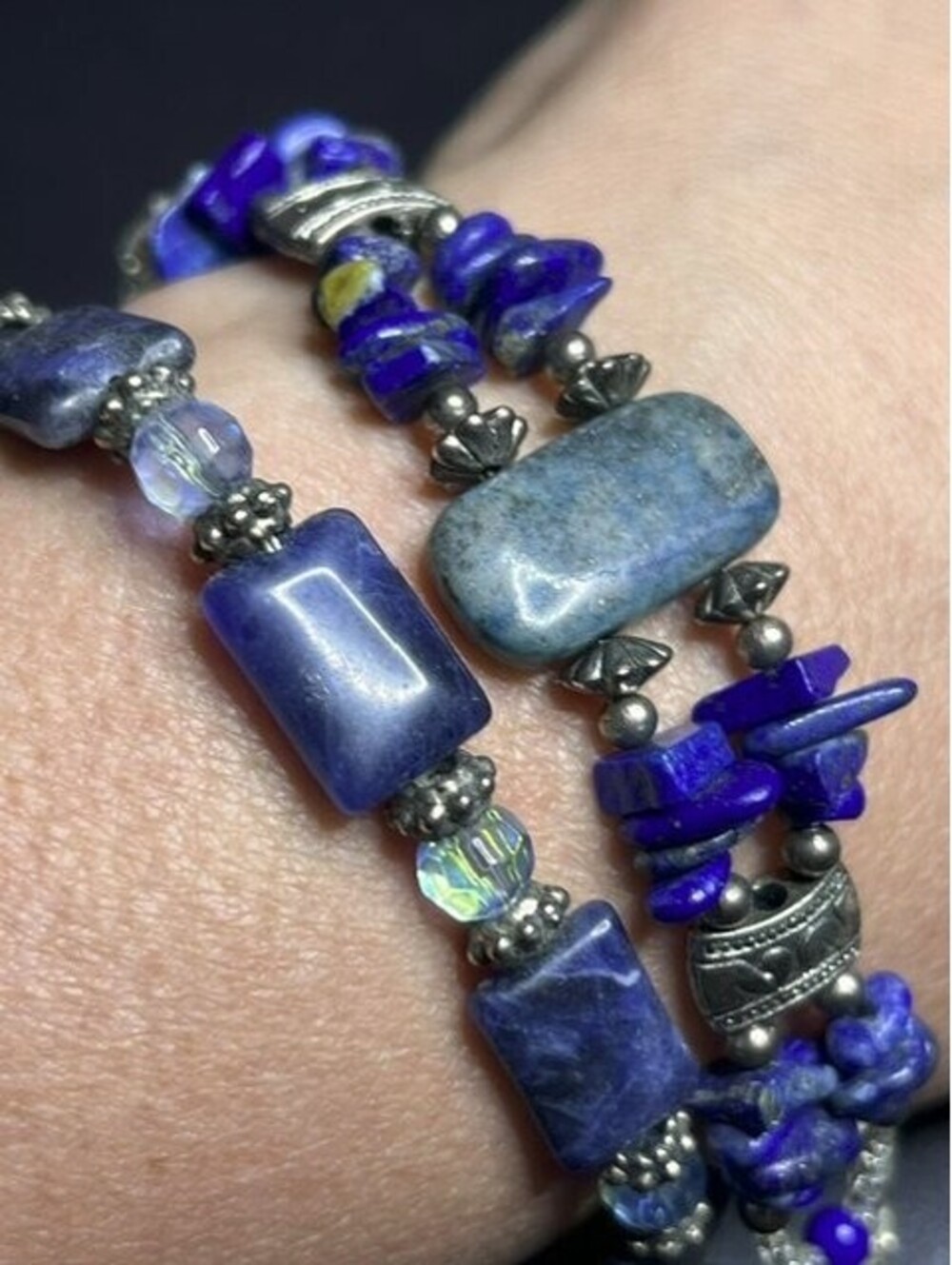 B6470 2pc VTG Lapis Lazuli Sodalite Multi Strand Beaded Bracelet Silver Tone  8"
